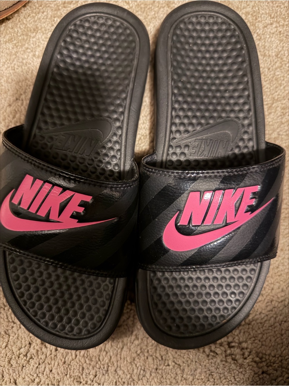 Nike Black Slide Sandals with Pink Logo